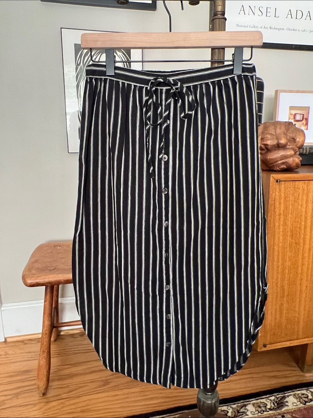 Moon River Black and White Vertical-Stripe Midi Skirt